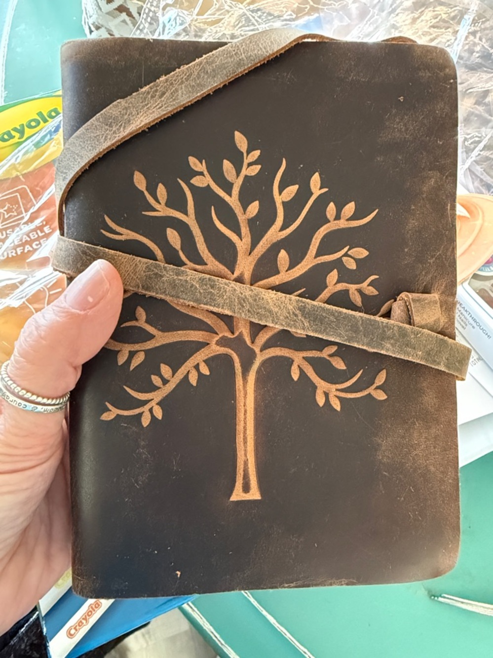 Tree Embossed Brown Leather Journal with Wrap Strap